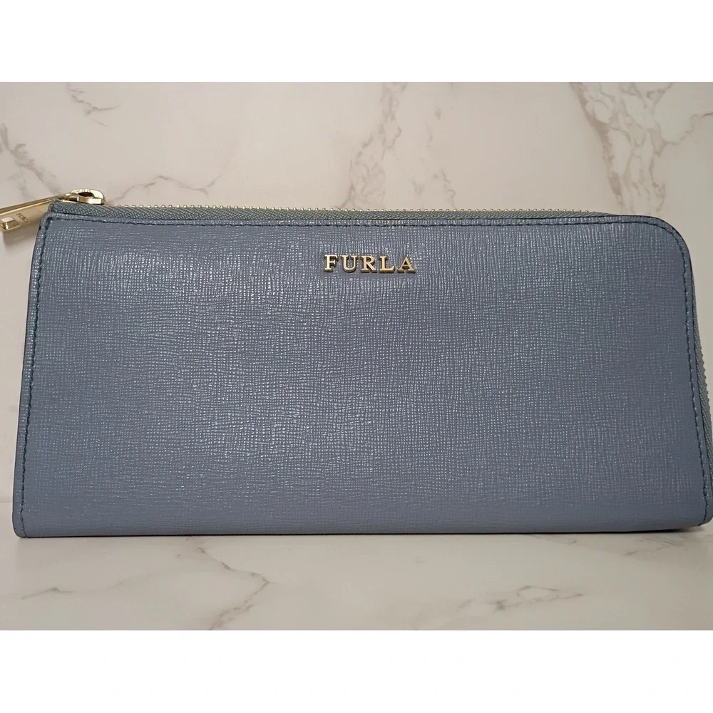 FURLA Babylon Dusty Light Blue Leather Zip Around Wallet - EUC